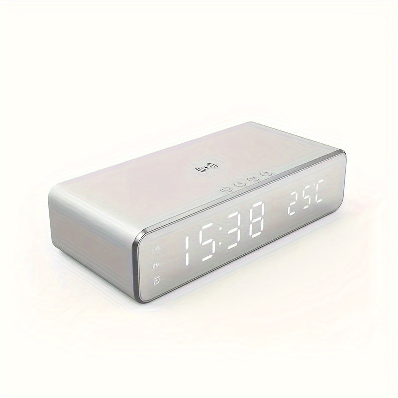 Alarm Clock Wireless Charger with Thermometer 3-in-1 LED Fast Charging Pad for iPhone & Android – 3 Alarms, 12/24H Display, Celsius/Fahrenheit, Power Saving Mode | Bedside Nightstand & Desk Gadget | Black & Silver