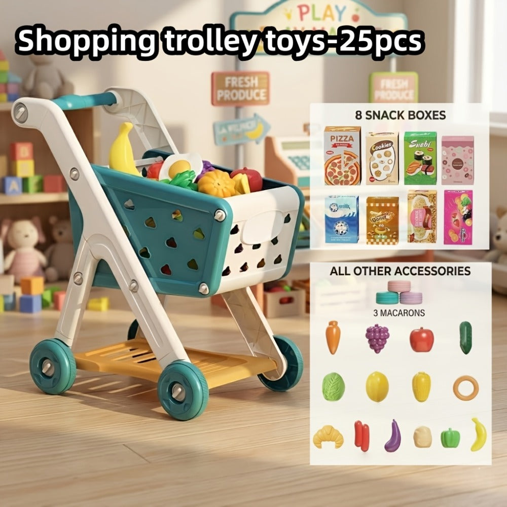 Pretend Play Shopping Cart Set with Toy Food for Grocery Store Role Play