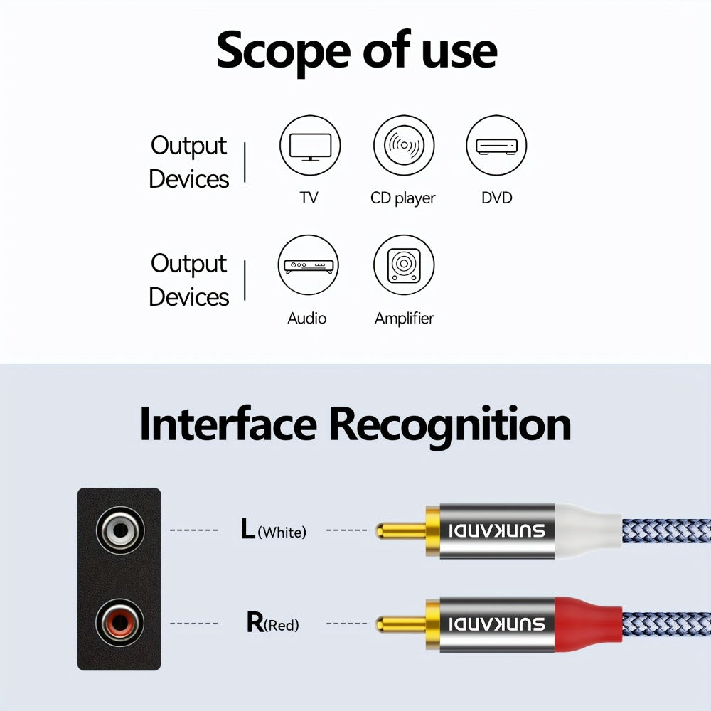 Gold-Plated 2RCA to 2RCA Stereo Audio Cable High-Fidelity Sound for Home Theater HDTV Gaming Consoles Hi-Fi Systems Amplifiers DVD Players Stylish Gold Connectors Lossless Audio Transmission