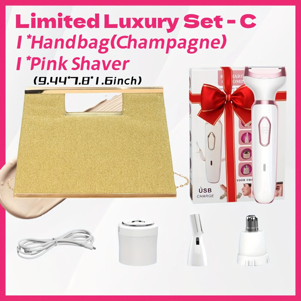 4-in-1 Electric Shaver for Women Rechargeable Wet & Dry Painless – Face Nose Legs Underarm Bikini Trimmer Portable Cordless Grooming Kit, Luxury Gift Set Options for Her