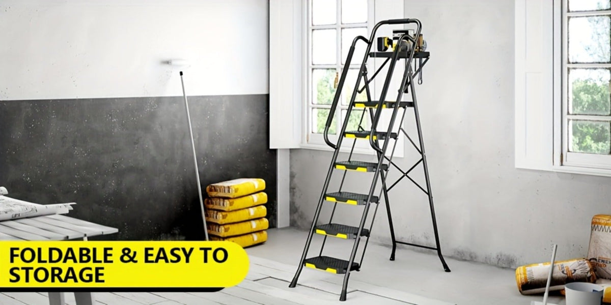 6 Step Ladder with Handrails & Tool Platform 800 LBS – Folding Step Stool Wide Pedal Steel Safety Ladder for Adults, Painting, Home, Garage & Outdoor Use – Auto Safety Lock, Compact Storage
