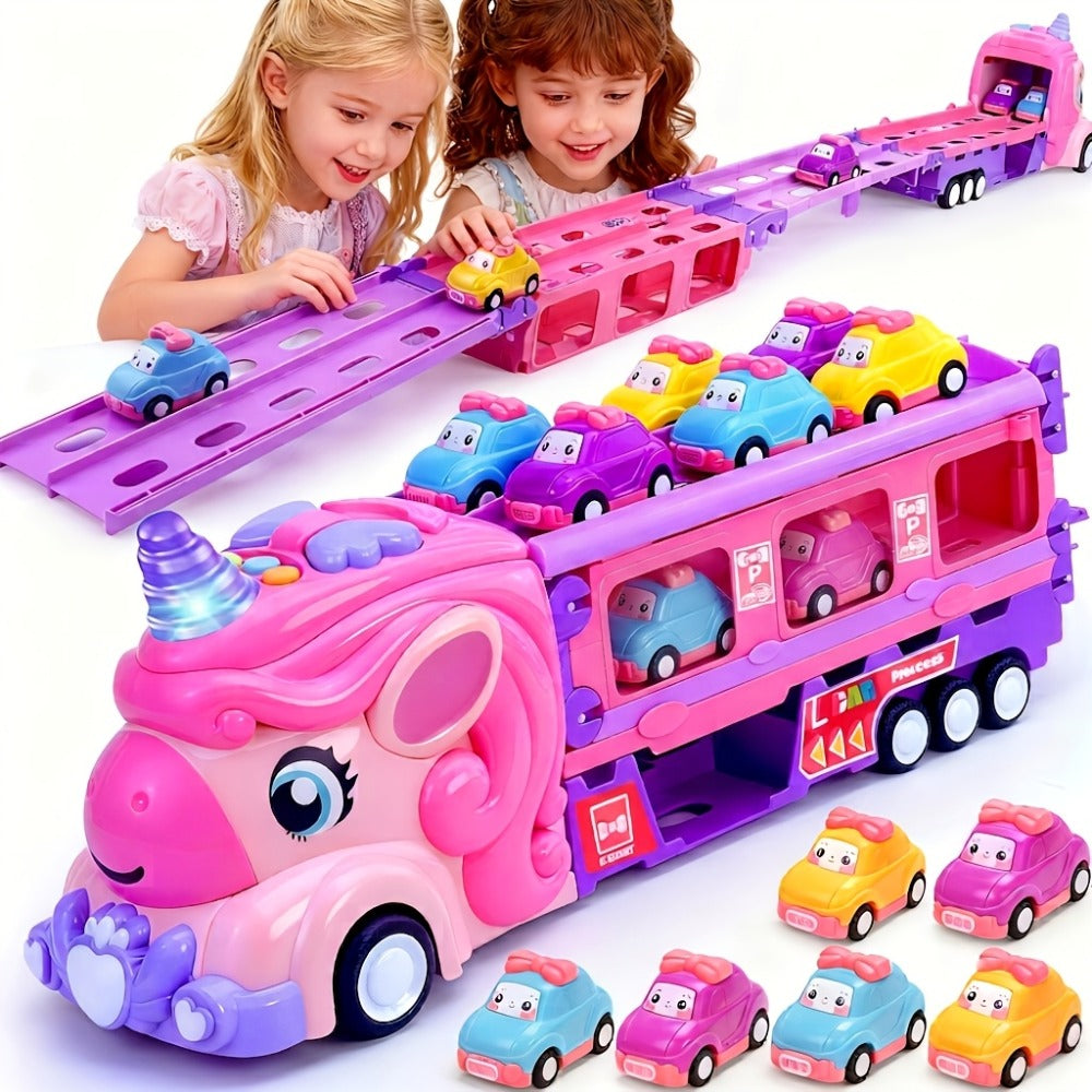 Unicorn Monster Truck Track Set with 8 Mini Cars and Fold-Out Race Track