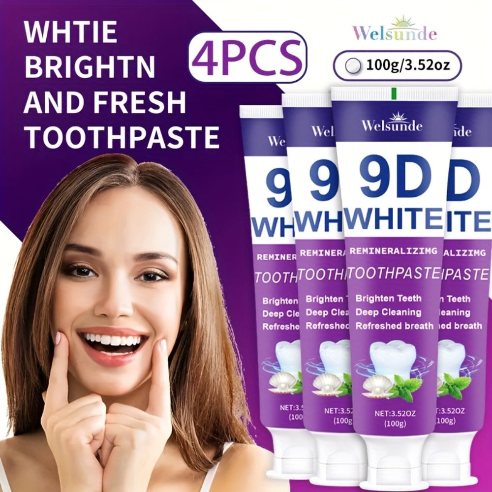 Remineralizing Toothpaste 4-Pack – 9D Purple Hypoallergenic Formula with Essential Oils, 400g Deep Cleaning Whitening Toothpaste for Sensitive Teeth, Gentle Gum Care & Fresh Breath, Daily Home & Travel Oral Hygiene