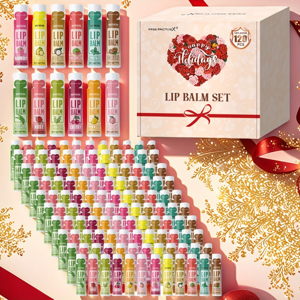 Moisturizing Lip Balm Bulk Set 120 Pcs — 12 Flavors Lip Butter with Jojoba Oil, Glossy Natural Shine Long-Lasting Hydration for All Skin Types, Holiday Party Favor Gift for Women Girls