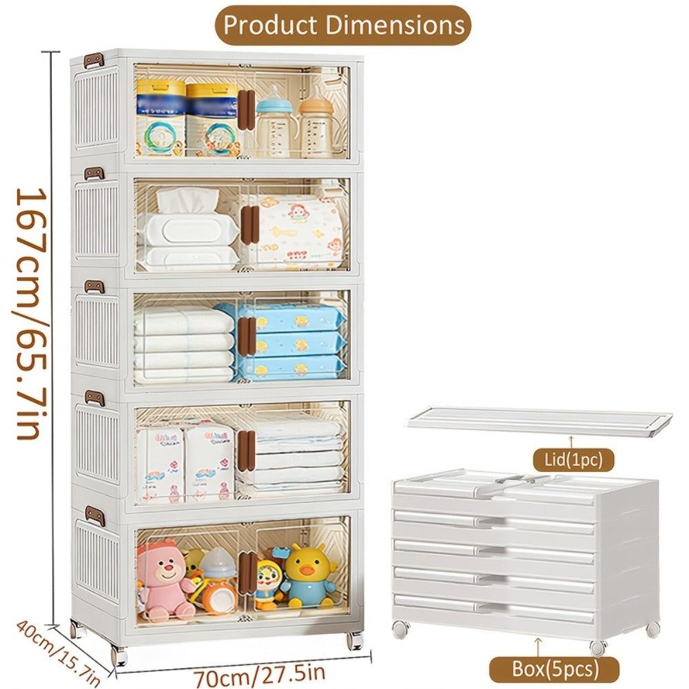Stackable Foldable Storage Cabinet with Door – PP Plastic 1/2/3/4/5 Layer Organizer Box with Wheels & Cover | Dual-Access Home Storage for Clothes, Books, Snacks & Kitchen Supplies | Office & Garage
