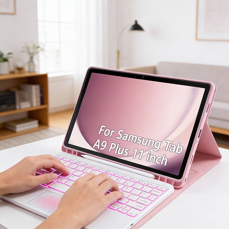 Samsung Galaxy Tab A9 Plus Keyboard Case with Detachable USB-C Touchpad – 11" Magnetic Folio Cover with Pen Slot for SM-X210 X215 X216 X218 | Black & Pink | Laptop-Style Productivity Case