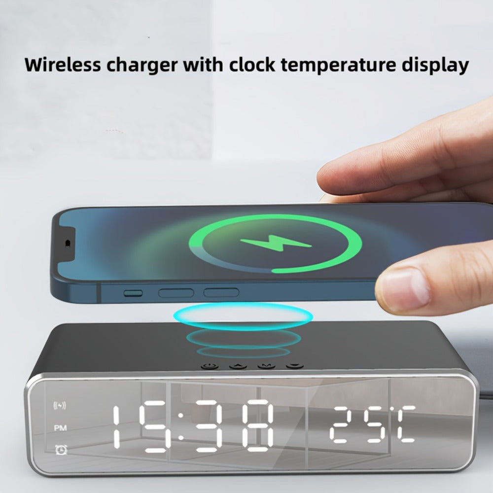Alarm Clock Wireless Charger with Thermometer 3-in-1 LED Fast Charging Pad for iPhone & Android – 3 Alarms, 12/24H Display, Celsius/Fahrenheit, Power Saving Mode | Bedside Nightstand & Desk Gadget | Black & Silver