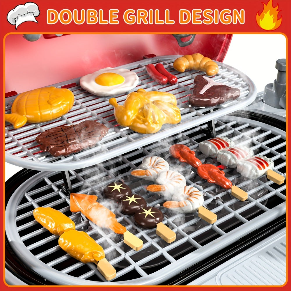 Kids BBQ Grill Playset with Two-Tier Design, Toy Food & Water Tap