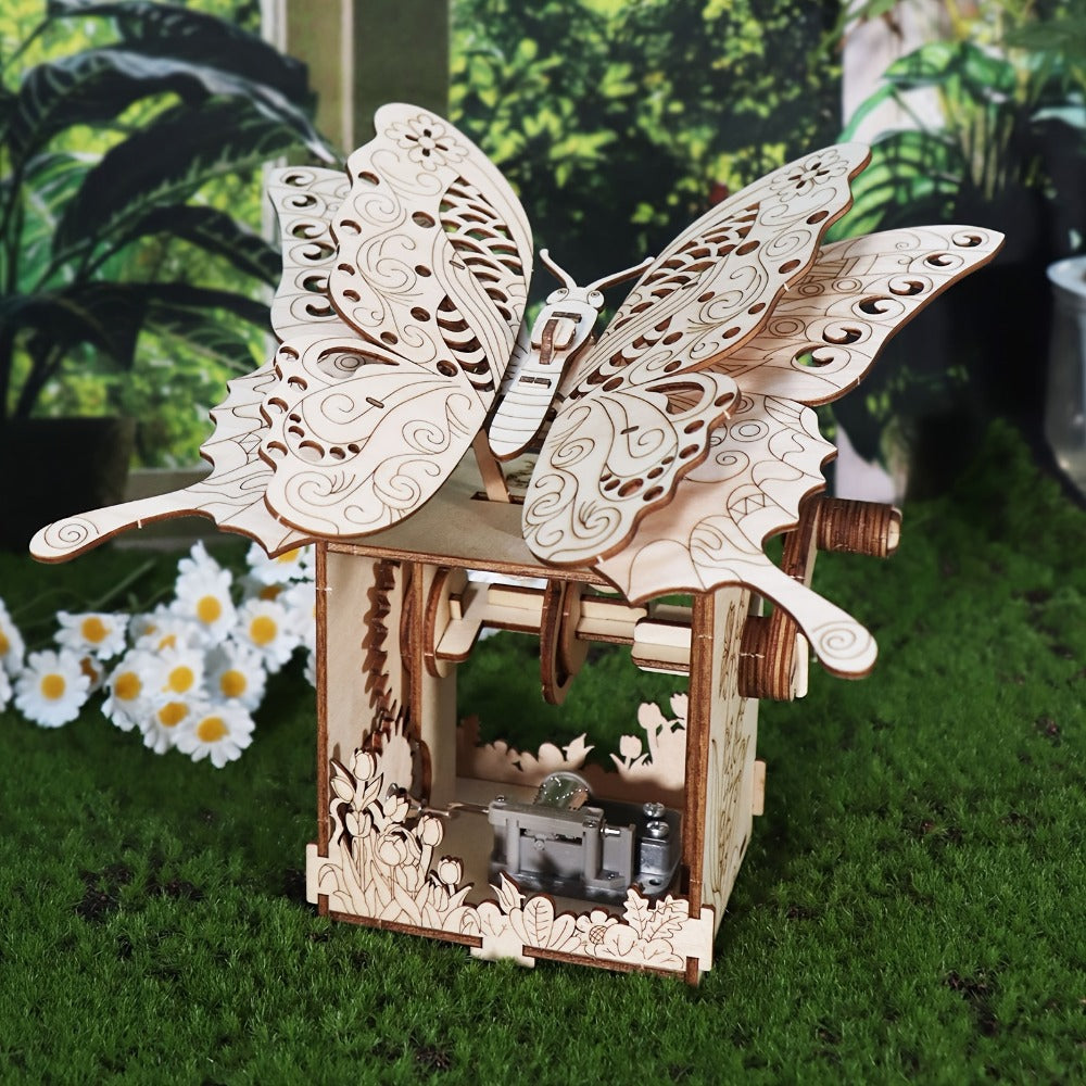 Wooden Butterfly Model Kit, Choose Color Display or Music Box Style
