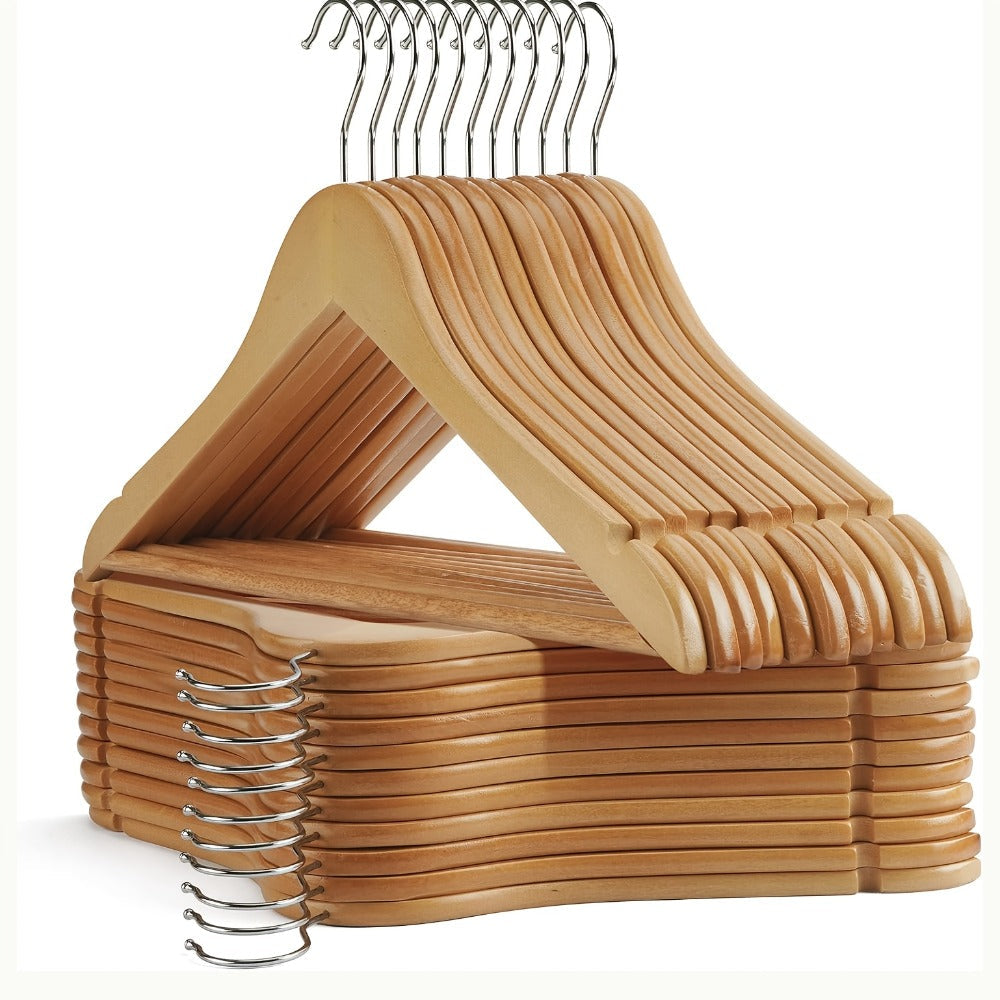 Solid Wood Clothes Hangers Heavy Duty – 10/20/30 Pack Champagne Sturdy Wooden Coat Hangers for Jackets, Dresses & Heavy Coats | Space-Saving Wardrobe Hangers for Home, Office & Hotel Closet Organization