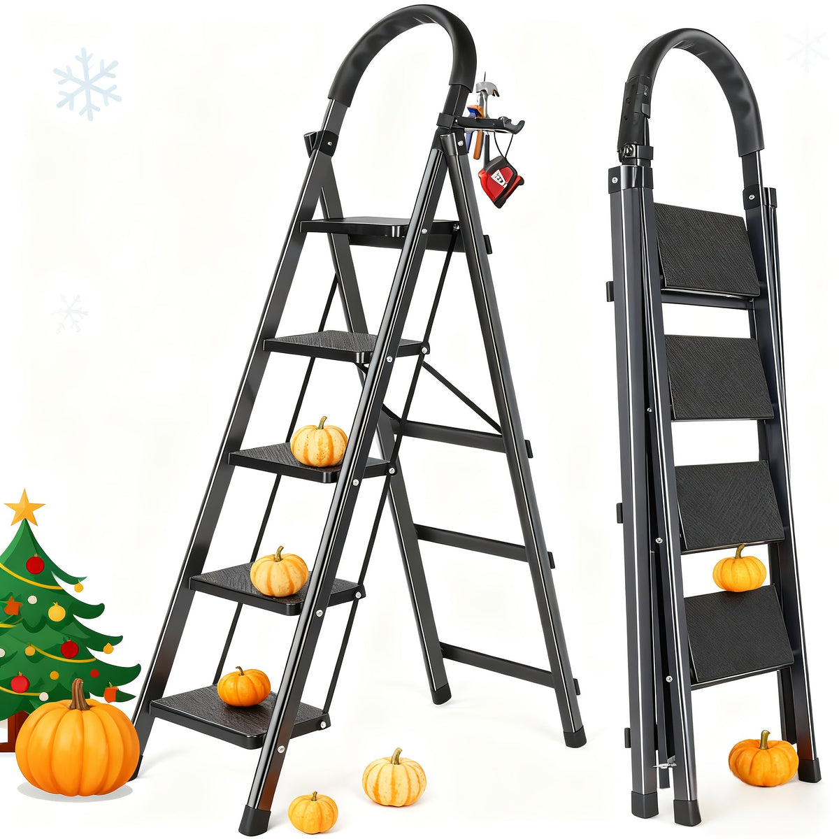Folding Step Ladder 3 / 4 / 5 Step with Anti-Slip Pedal & Tool Tray – 450 LBS Capacity Portable Steel Step Stool for Adults, Home, Kitchen, Library & Office Use – Red & Black Options