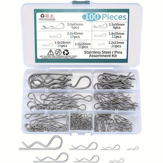 100pcs Stainless Steel R Cotter Pin Assortment Kit – R-Clip Spring Retaining Pins 7 Sizes for Trailer Hitch Automotive Marine Lawn Mower & Agricultural Machinery