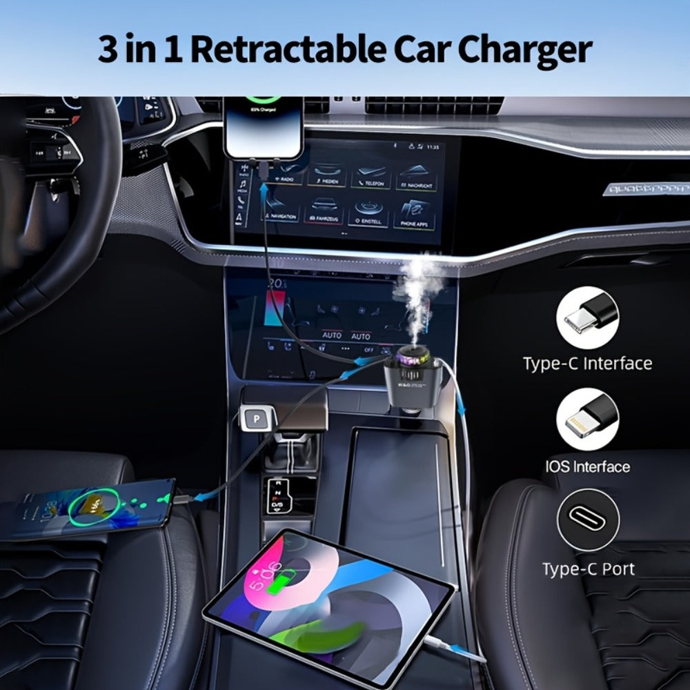 Car Charger with Perfume 3-in-1 Fast Charging AromaRelax Starlight Projector Retractable Cable USB-C & Lightning for iPhone 16 15 14 13 12, Samsung Galaxy Android – Blue Red, Flower Heart Shangri-la Cologne Styles