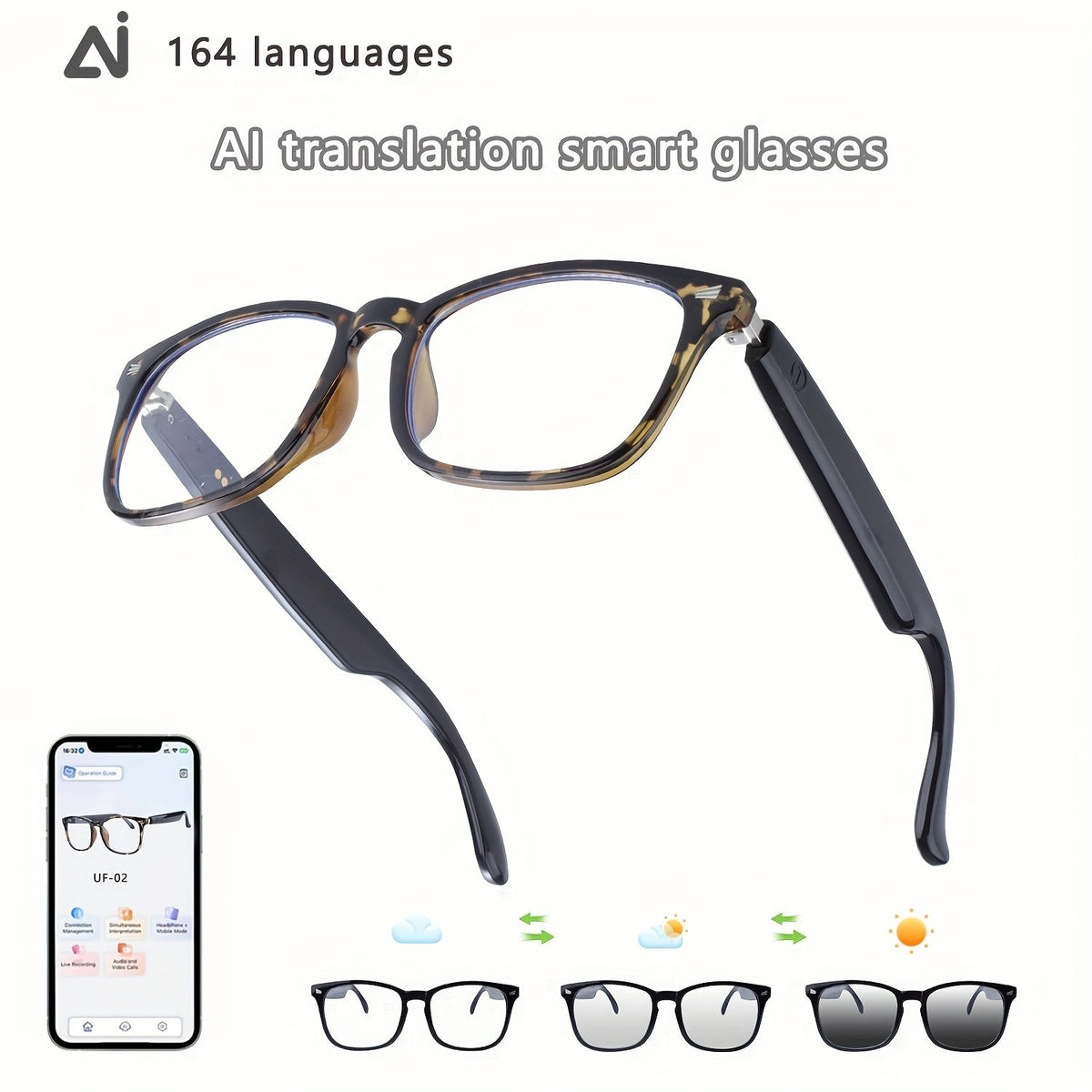 ChatGPT AI Translation Glasses with 160-Language Real-Time Translation, Photochromic Lenses, HiFi Audio & HD Calls – 19 Frame Styles, Unisex Smart Eyewear for Travel & Business