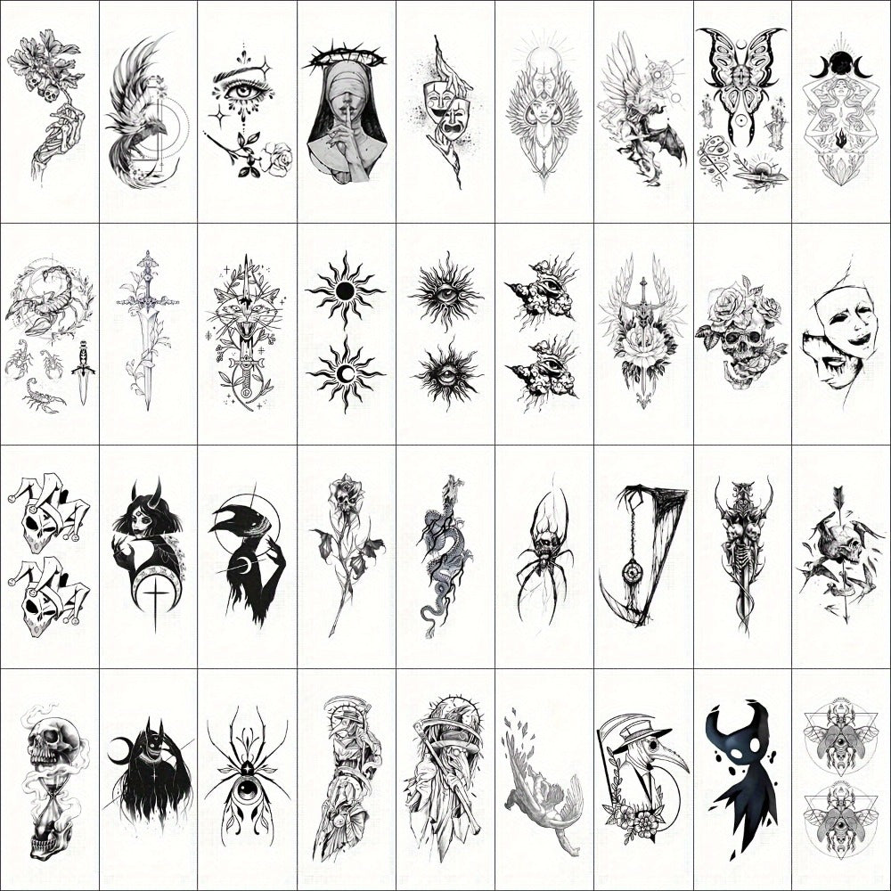 GLARYYEARS Realistic Temporary Tattoos for Men Women 48pcs Skull Snake Black Dark Art Body Arm Designs Waterproof Long Lasting Non-Toxic 12 Large 36 Small Sheets