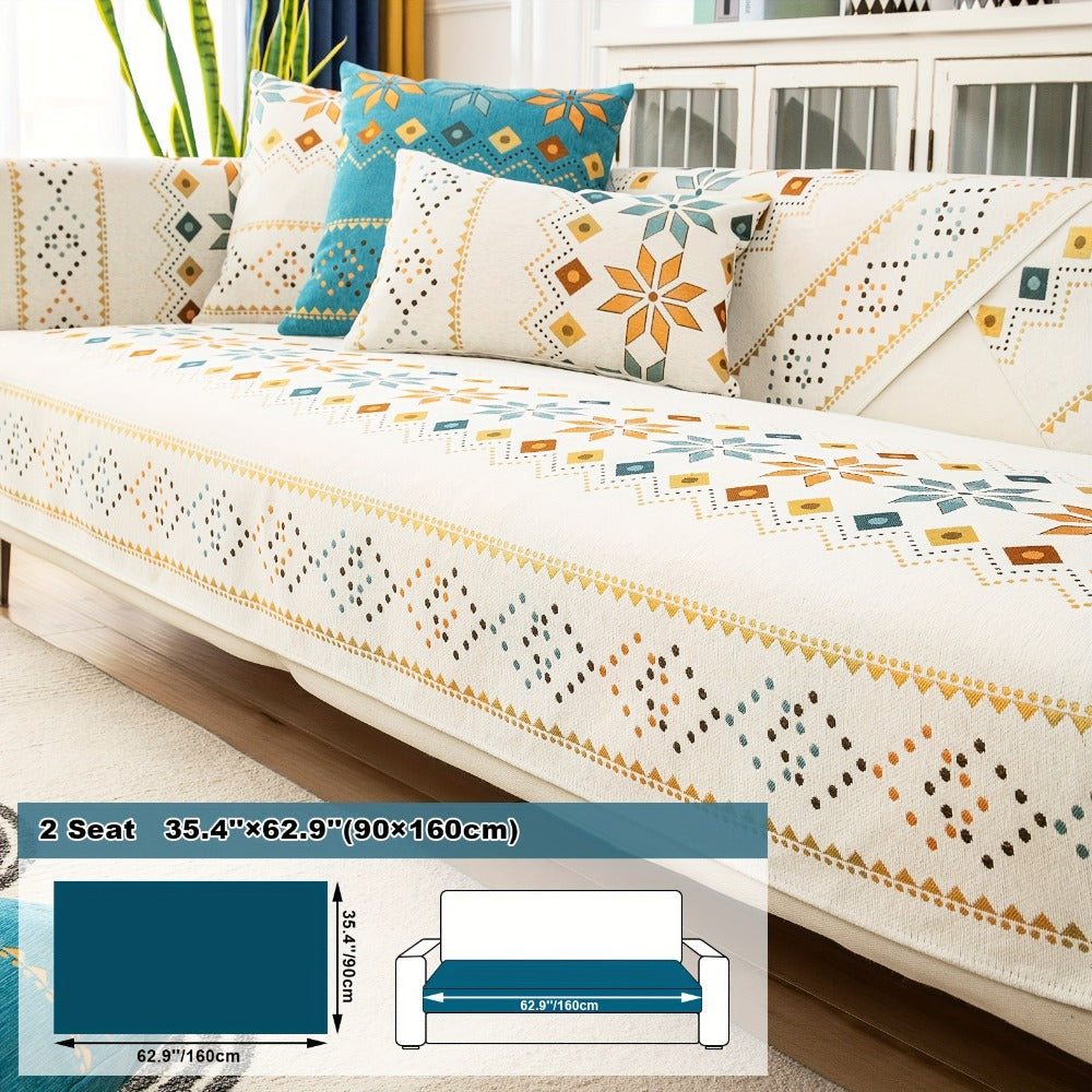 Bohemian Chenille Sofa Cover | Geometric Print Non-Slip Couch Slipcover, Thick Plush Boho Style, 1 to 4 Seat, Armrest & Backrest, Machine Washable, Sectional Sofa Protector