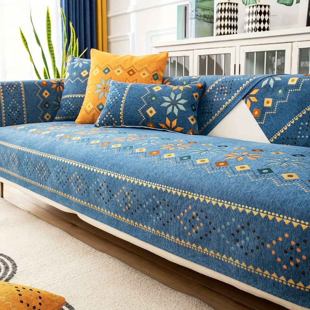 Bohemian Chenille Sofa Cover | Geometric Print Non-Slip Couch Slipcover, Thick Plush Boho Style, 1 to 4 Seat, Armrest & Backrest, Machine Washable, Sectional Sofa Protector