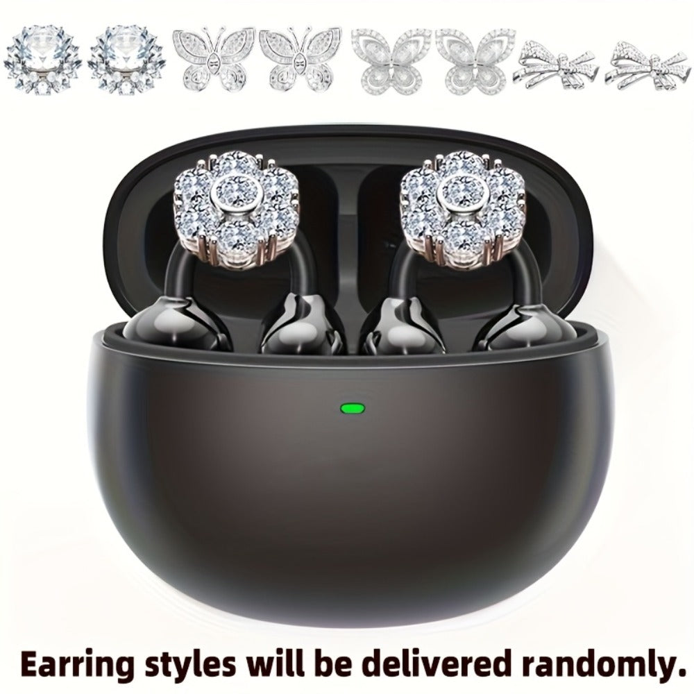 Clip On Wireless Earbuds Open Ear Bluetooth Headphones with Detachable Gemstone Earrings ANC Noise Reduction HD Stereo Hands-Free for Sports Exercise Work Study Outdoors