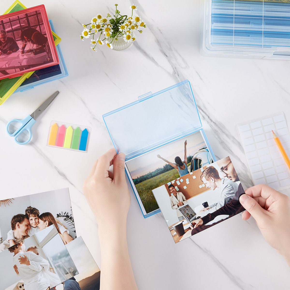 4x6 Photo Storage Box with 14 Inner Photo Keeper Cases Holds 1400 Photos Clear Plastic Photo Organizer with Lids Label Stickers BPA-Free for Cards Pictures Stamps Craft Office Supplies
