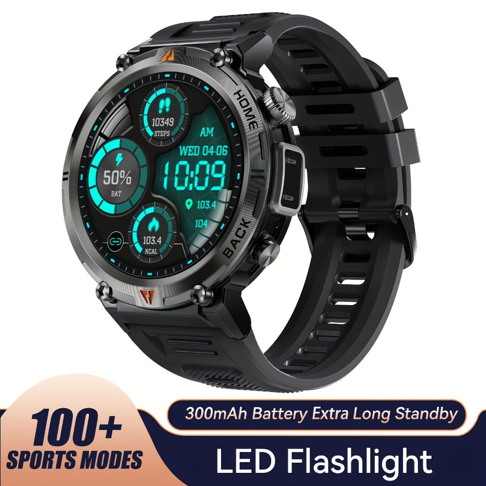 Tactical Smartwatch for Men LED Lighting 1.45 Inch 97% Screen Ratio Bluetooth 5.2 Wireless Calling Outdoor Fitness Tracker Heart Rate Blood Oxygen Sleep Pedometer iPhone Android Silicone Leather Strap Black Orange