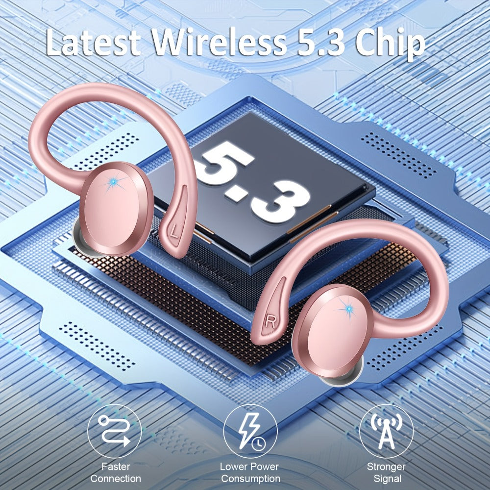 48H Wireless Sport Earbuds Q38 Bluetooth 5.3 with 14.2mm Driver Stereo Sound – Earhook Noise Cancelling Mic Over-Ear Headset for Workout Running Gym Outdoor Sports