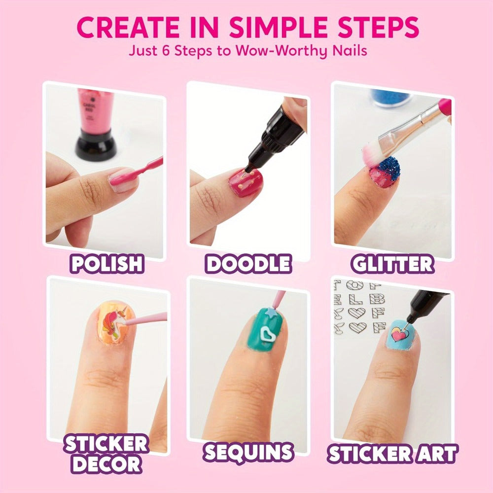 Kids Nail Art Kit with 220+ Stickers, Glitter & Polish Brush Pens