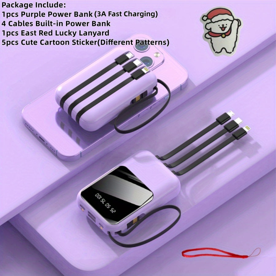 10000mAh Cute Cartoon Power Bank with 4 Built-In Cables & 22.5W Super Fast Charging - Portable Charger Dual LED Flashlight Compatible with iPhone Android USB-C, Travel Battery Pack Red Purple Black Yellow