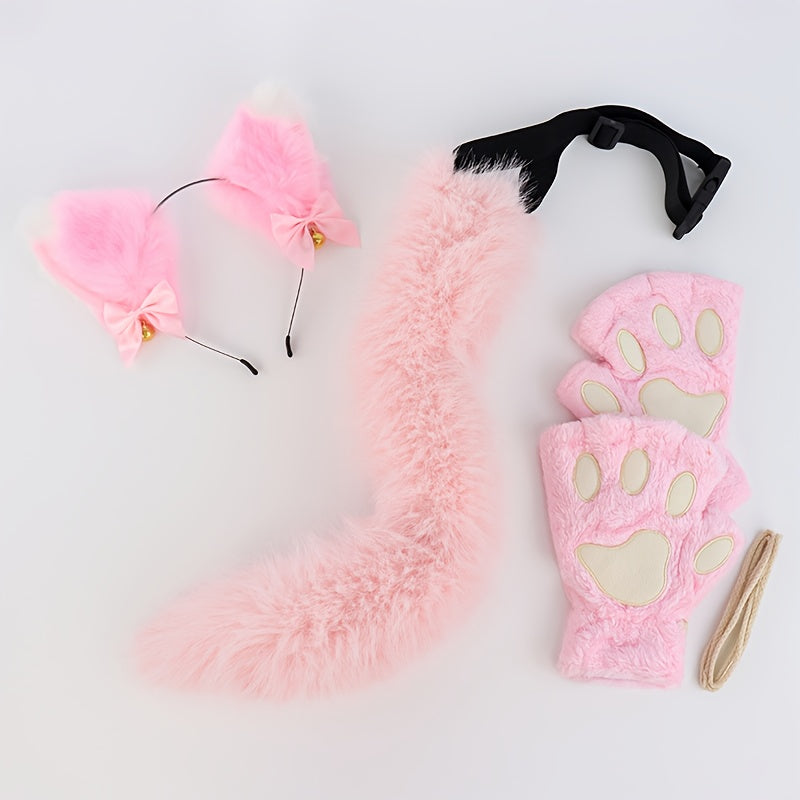 Cat Costume Set 3 Piece – Bell Ear Headband, Plush Paw Gloves & Adjustable Tail for Halloween, Cosplay, Role Play & Stage Performances, Cute Gift for Women Girls, Grey White Brown Pink