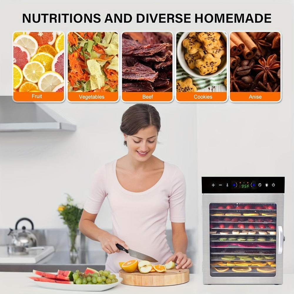 Food Dehydrator 12 Stainless Steel Trays 800W 24H Digital Timer 86-194°F Temperature Control 360° Hot Air Circulation for Jerky Fruit Herbs Vegetables with Recipe Book