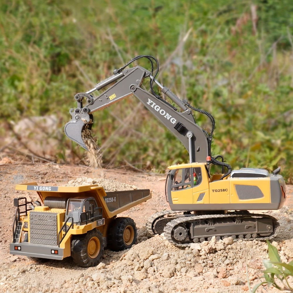 RC Construction Vehicle Set, 2.4GHz 12-Channel Excavator, Dump Truck, Bulldozer & Loader