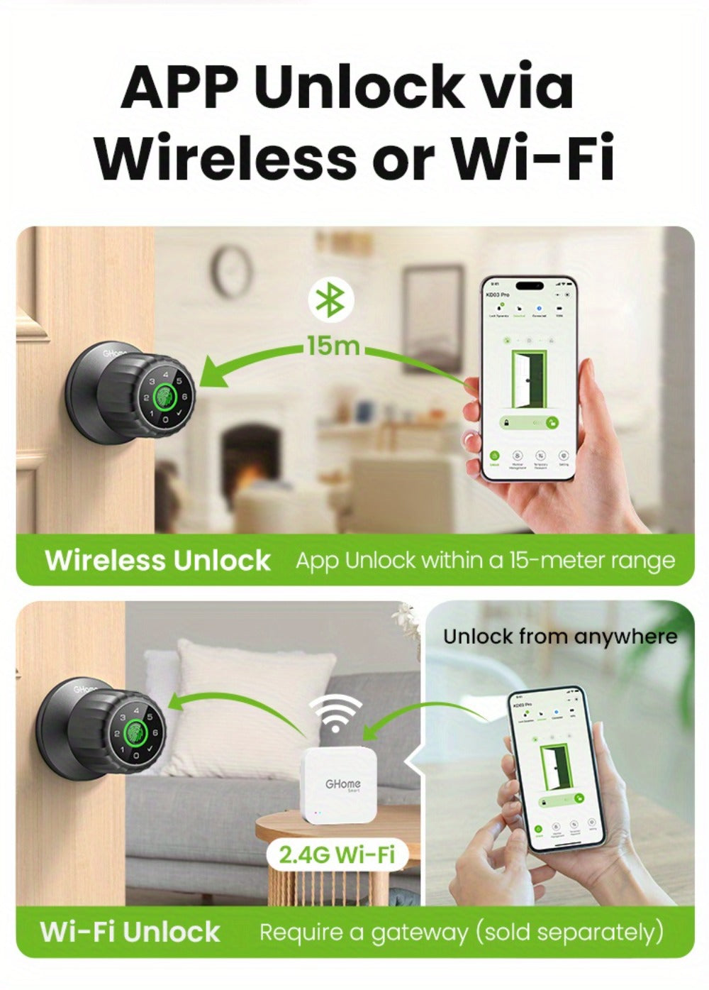 GHome KD03 PRO Smart Door Knob 4-in-1 with USB-C Charging & Gateway Remote - Fingerprint, Keypad & App, Anti-Peep, Tamper Alarm, Emergency Power, Keyless Entry, Black