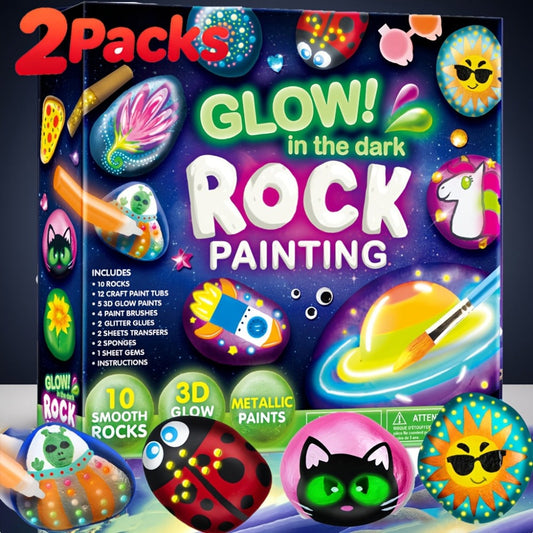 Glow in the Dark Rock Painting Kit for Kids – 10 Rocks, Metallic & Glow Paints, Gems, Brushes & Stickers