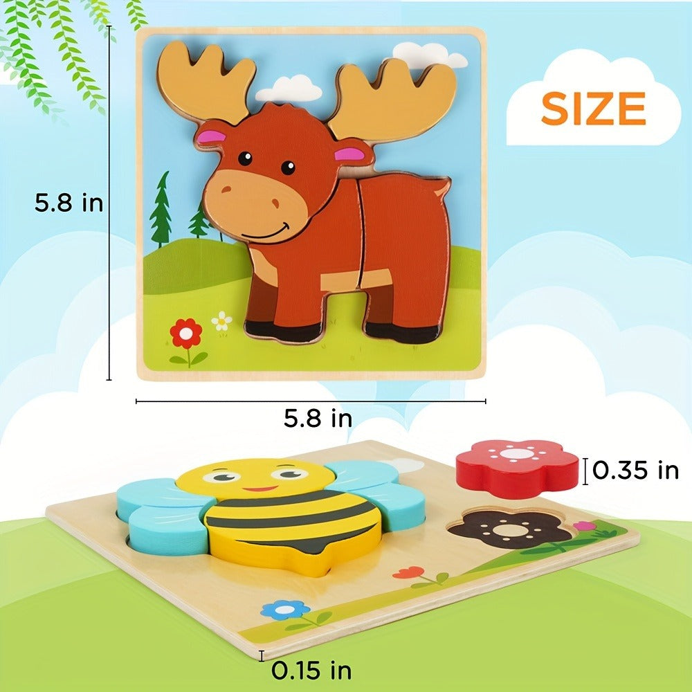 Wooden Animal Puzzles for Toddlers 12 Months+, 8-Pack with Bear, Bunny, Owl, Duck & More