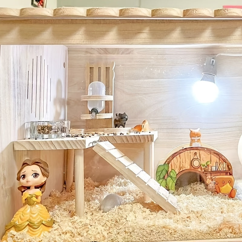 Hamster Climbing Toy – Two-Tier Wooden Platform with Stairs & Hiding Spot, Small Animal Cage Accessory for Golden Hamster, Gerbil, Mouse, Dwarf Hamster