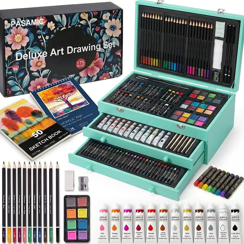 172 Piece Deluxe Art Set in Wooden Case with 2 Drawing Pads Crayons Acrylic Paints Colored Pencils Professional Art Kit Gift Box for Artists Beginners Ages 8+ Birthday Christmas