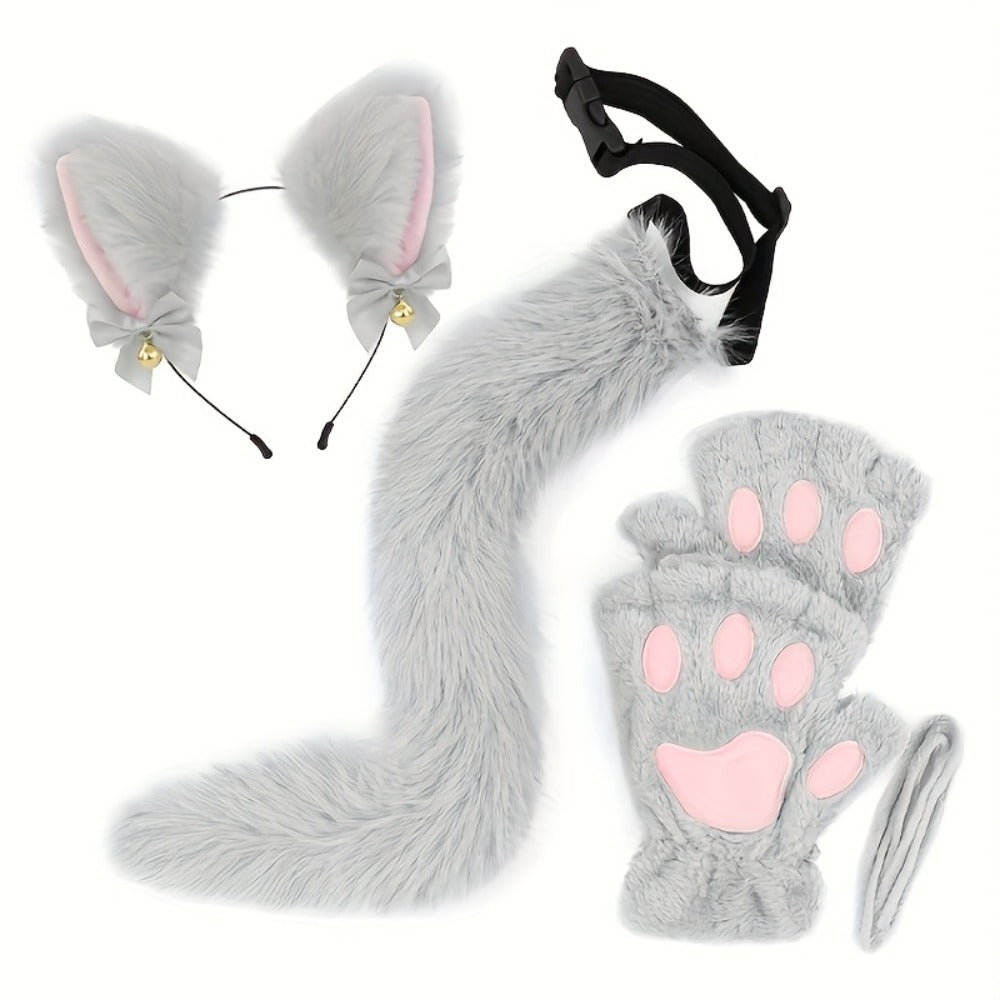 Cat Costume Set 3 Piece – Bell Ear Headband, Plush Paw Gloves & Adjustable Tail for Halloween, Cosplay, Role Play & Stage Performances, Cute Gift for Women Girls, Grey White Brown Pink