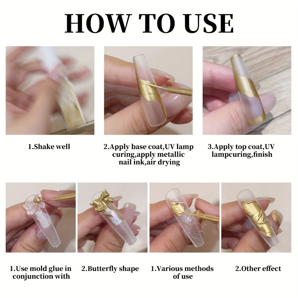 Blooming Gel Nail Art Set 4pcs – Metallic Golden Silver Smudge Liquid, High Saturation No-Wipe Alcohol-Free Gel Polish, Gradient Watercolor Ombre Effect, Long Lasting DIY Salon Nail Design