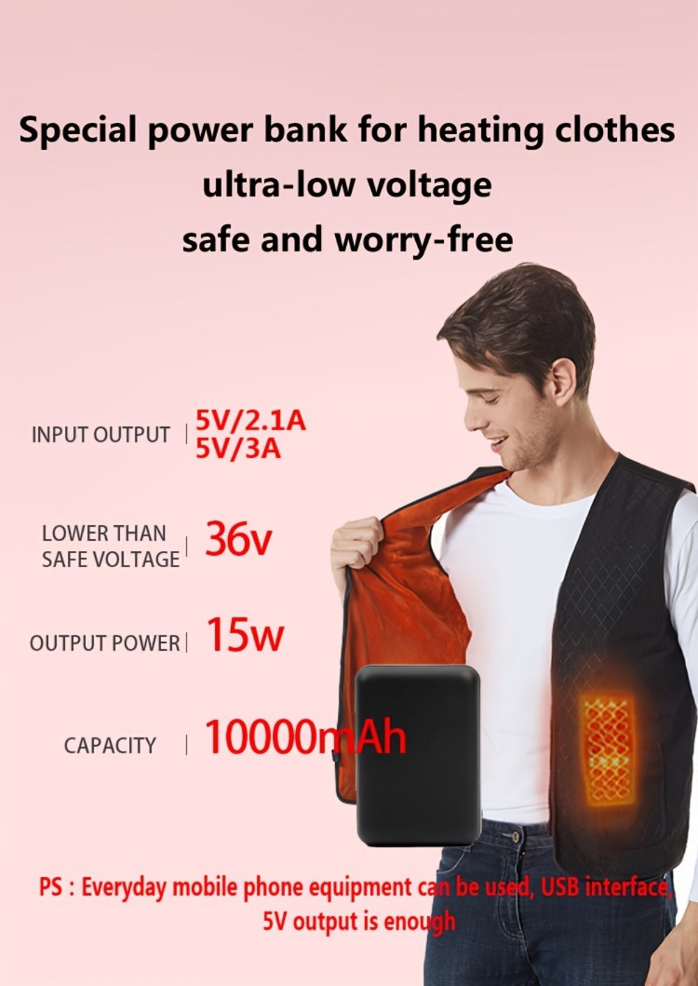 Dual USB Output Power Bank 10000mAh 5V 3A Polymer Lithium Rechargeable Battery Pack for Heated Clothing Heated Jacket Vest Hoodie Pants USB-C Micro Input LED Indicator Compact Portable Charger
