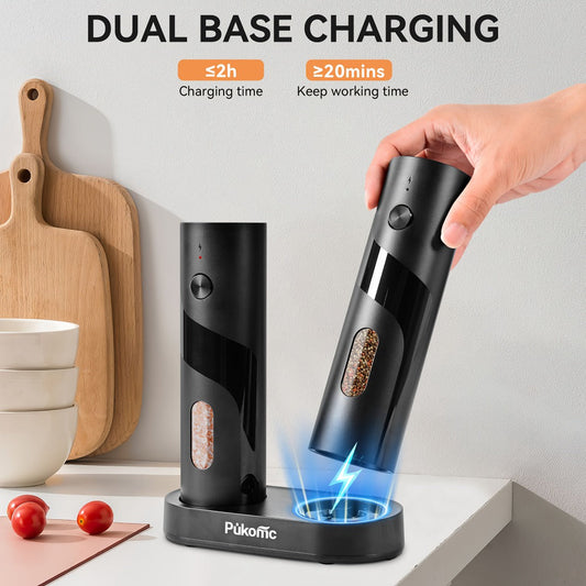 Electric Pepper Grinder Set with USB-C Charging Base, LED Light & Adjustable Ceramic Core