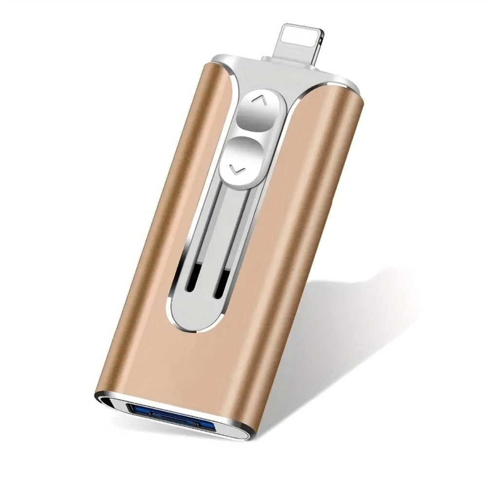 4-in-1 iPhone Flash Drive USB 3.0 OTG Photo Stick 128GB 256GB, Lightning USB-C USB-A iPad Connector Memory Stick with Backup Function Compatible with iPhone iPad Android Laptop & PC – Gold Pink Silver Blue