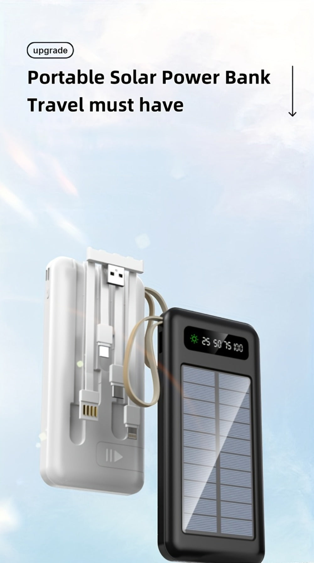 Solar Power Bank with Built-in 4 Cables LED Flashlight 15W Fast Charging Digital Display Dual USB USB-C Portable Charger 10000mAh 20000mAh 30000mAh for iPhone Android Camping Hiking