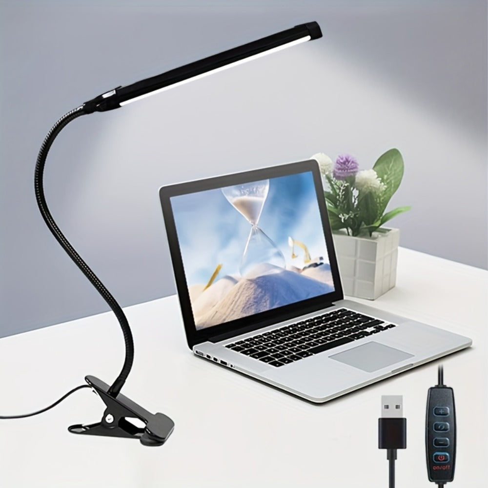 Clip-On LED Desk Lamp Flexible Gooseneck USB Powered – 3 Color Modes 10 Brightness Levels Swing Arm Clamp Light for Home Office Study Reading Crafts Gaming Bedroom – Black