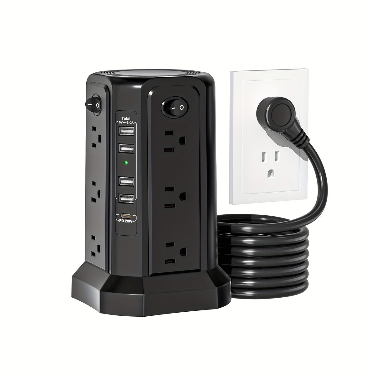 PD18W USB-C Power Strip Tower 21-in-1, 16 AC Outlets & 5 USB Ports, 1500J Surge Protector, Angled Flat Plug, 6ft 13A Extension Cord, Fast Charging Desktop Power Tower for Home Office Dorm – White