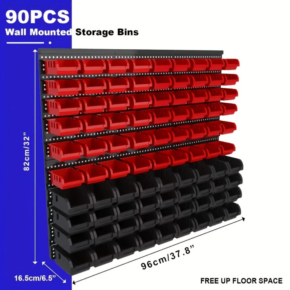 Wall Mounted Storage Bin Rack System – Heavy Duty Small Parts Organizer for Screws, Nuts, Bolts & Nails | Stackable Garage Workshop Tool Storage Rack | 30/60/90 Bins Hardware Organizer