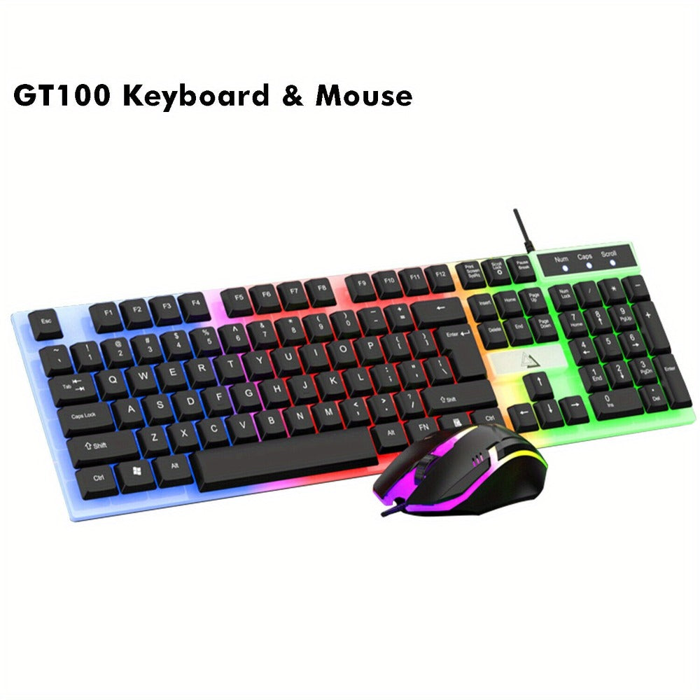 Rainbow RGB Gaming Keyboard and Mouse Combo GT100 – 104 Keys Full-Size Mechanical Cyan Axis Wired Set, Vibrant LED Backlit for PC, Laptop, Mac, Windows & Linux | 50M Keystroke Durability | Black & White