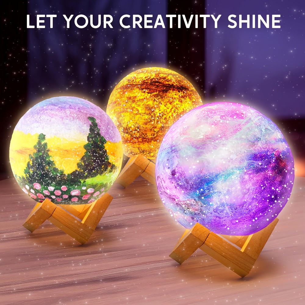 DIY Moon Lamp Craft Kit for Kids Paint Your Own 3D Moon Night Light with 12 Paints 4 Metallic Colors 2 Brushes Wooden Base Arts and Crafts Gift for Girls Boys Ages 6+ Birthday Christmas