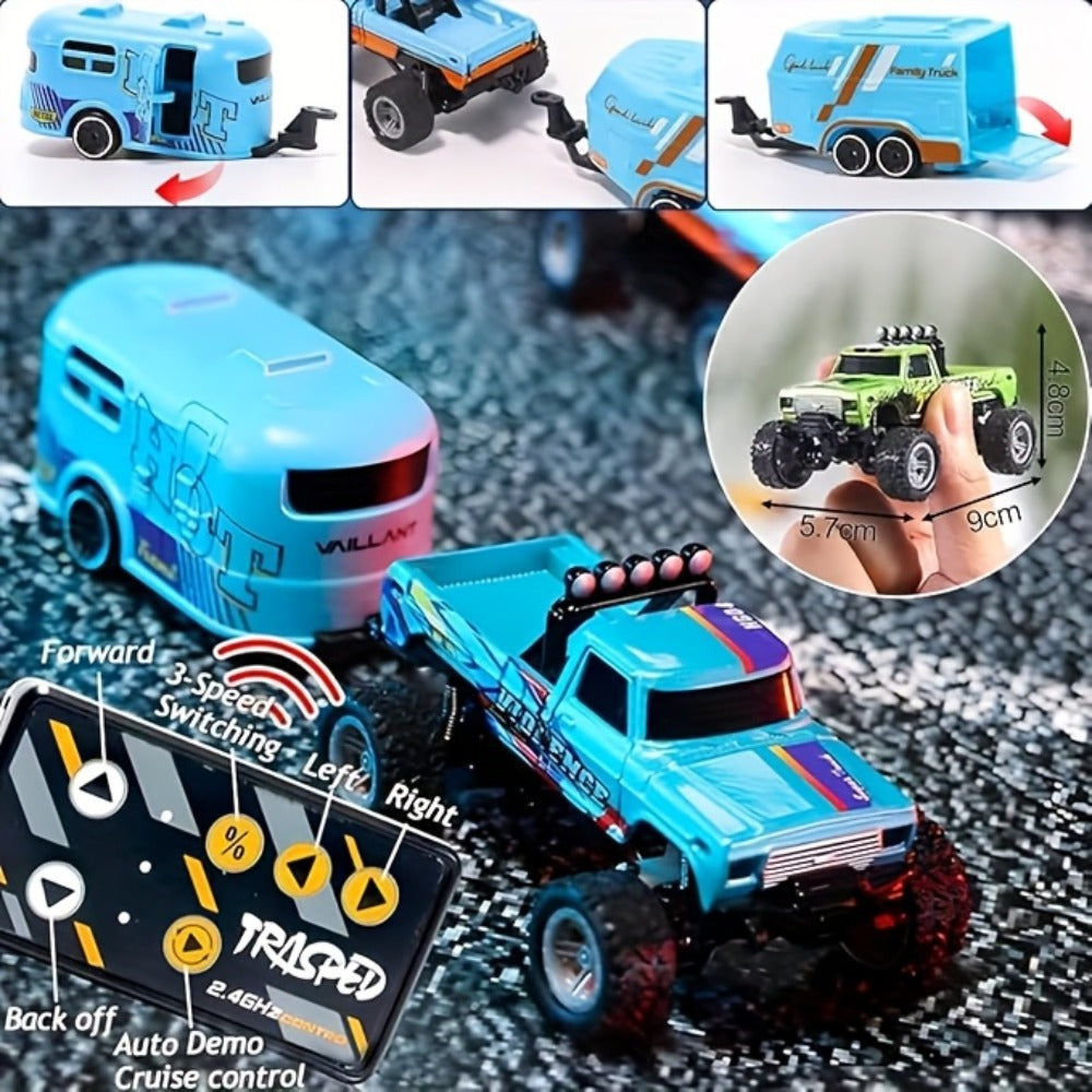 Mini RC Truck 1:64 Scale – 2.4GHz Alloy Off-Road Crawler with Detachable Trailer & LED Lights