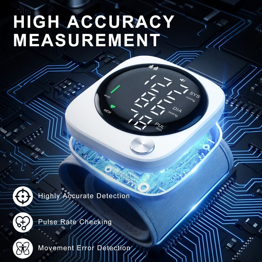 Wrist Blood Pressure Monitor with LCD Screen, Arrhythmia Alarm & Voice Playback – Adjustable Cuff, USB Charging, Gift for Family