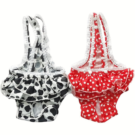 Washable Female Dog Diapers with Suspender, 2-Pack in Polka Dot & Cow Print