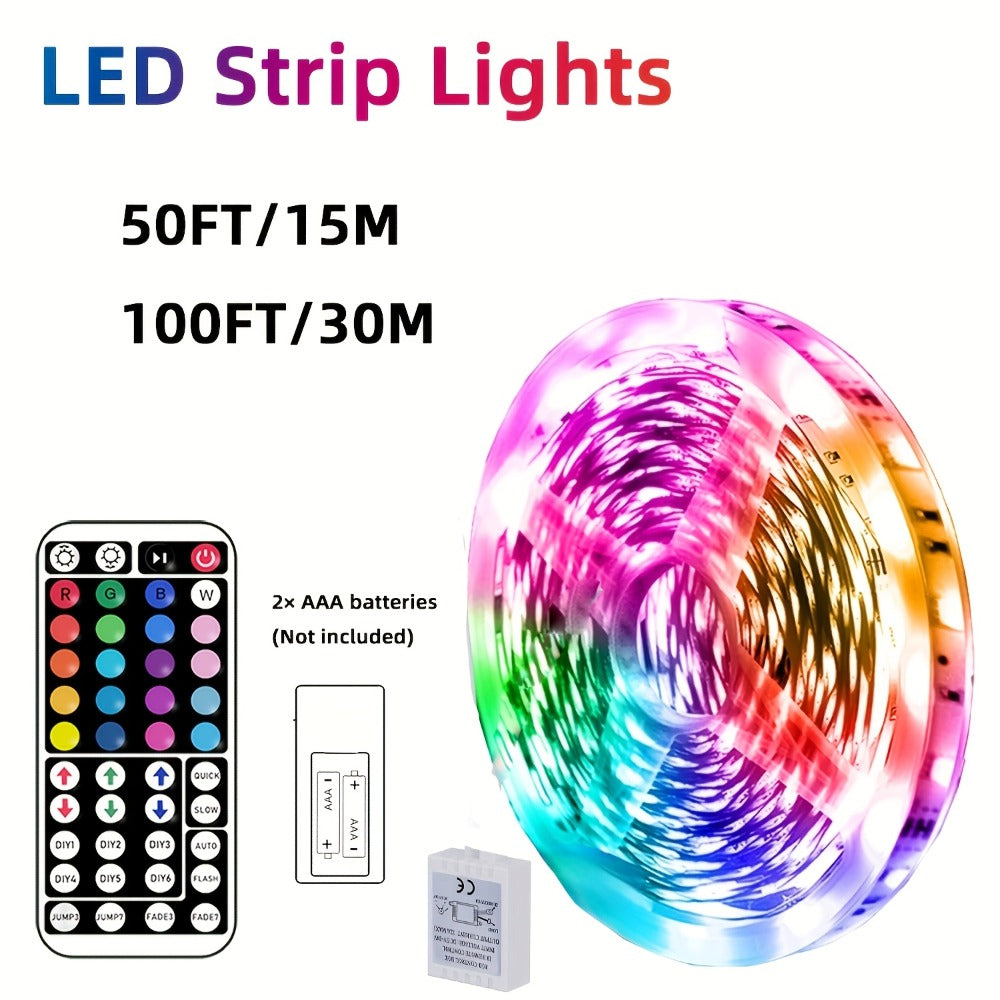 RGB LED Strip Lights 50ft/100ft – Color Changing Tape Light with 44-Key Remote, 20 Colors & 8 Modes, Easy Install, for Bedroom, Living Room, Kitchen, Bar, Wedding & Party Decoration